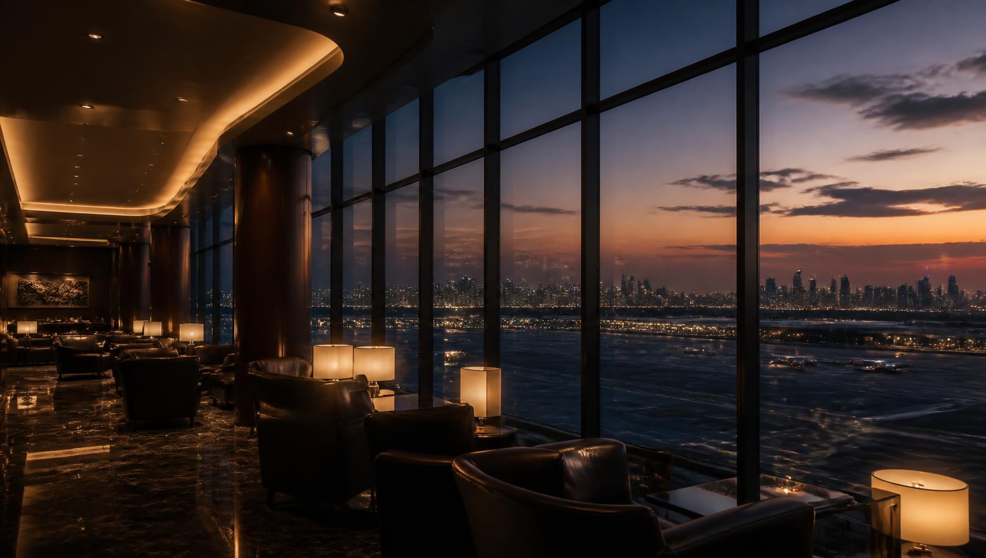 Luxury airport lounge at dusk overlooking the runway and city skyline